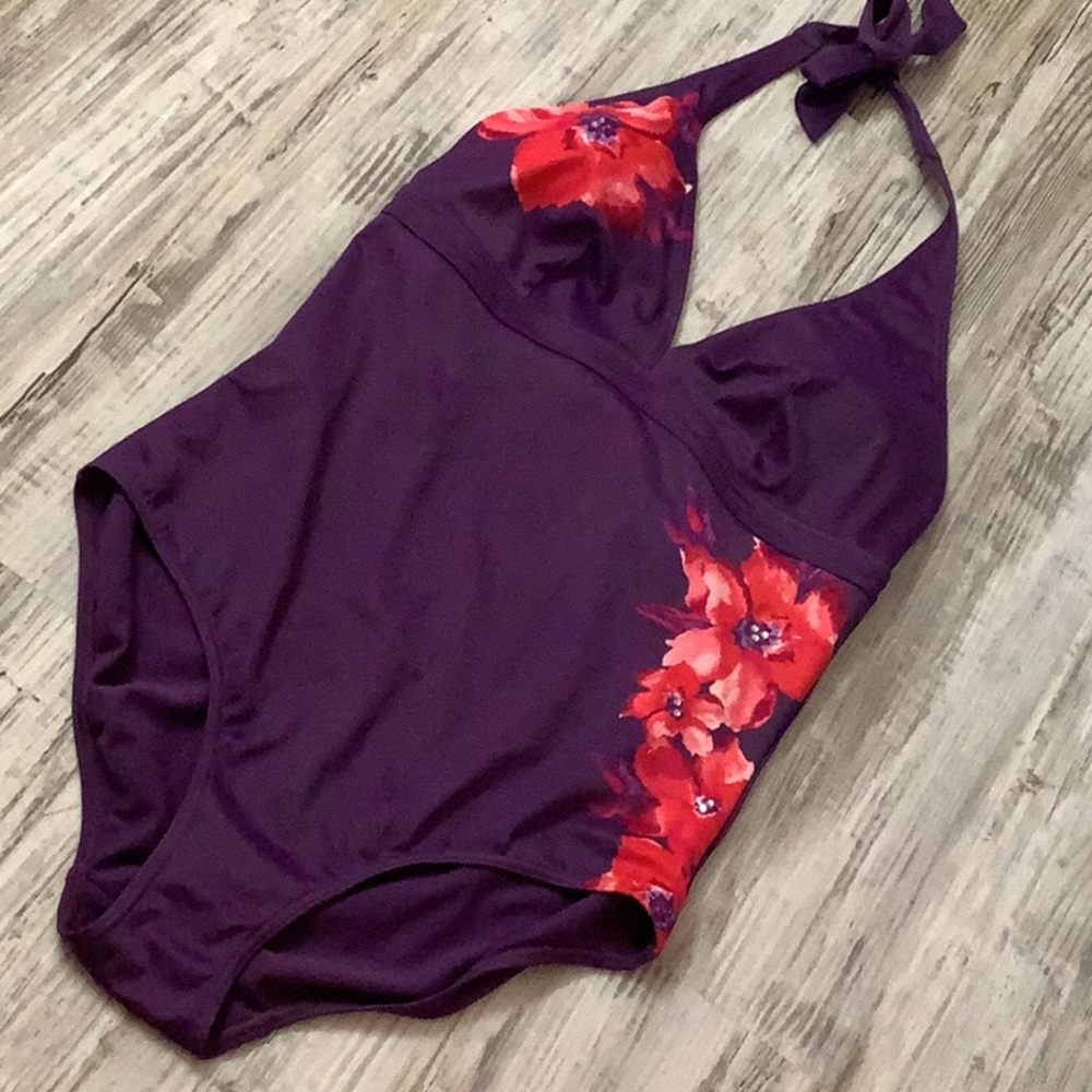 One piece, purple and red floral size 14 halter top beads on the flowers…